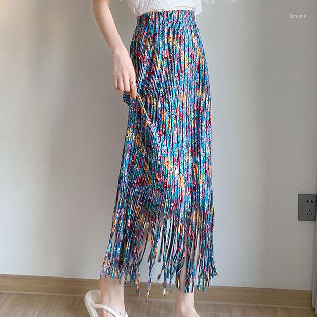 

Skirts Retro Printed Pleated Women Tassel Floral Long, Blue