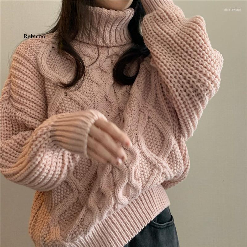 

Women's Sweaters 2023 Thick Needle Twist Sweater Women Korean Vintage Cashmere Knitted Pullover Winter Turtle Neck Lazy Female Clothing, Pink