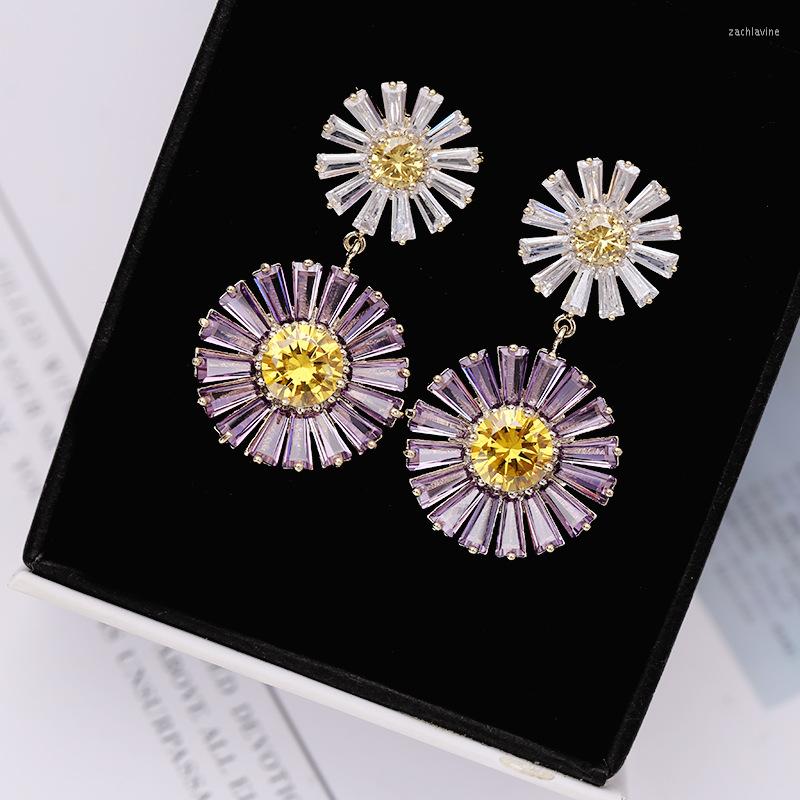 

Dangle Earrings Trend Luxury Cubic Zirconia Flower Daisy Dangling Drop For Women Girl Wedding Daily Party Korean Fashion Jewelry Gifts