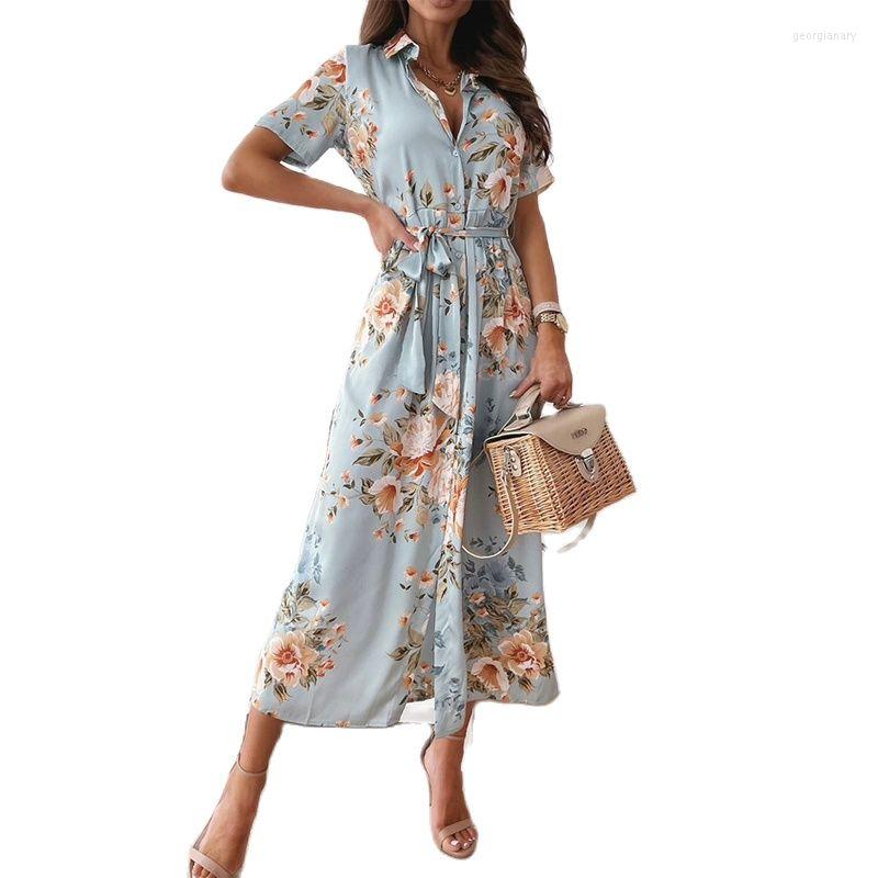 

Party Dresses 2023 Women Casual Split Floral Print Boho Maxi Summer Elegant Short Sleeve Office Lady Shirt Dress Long, Lavender