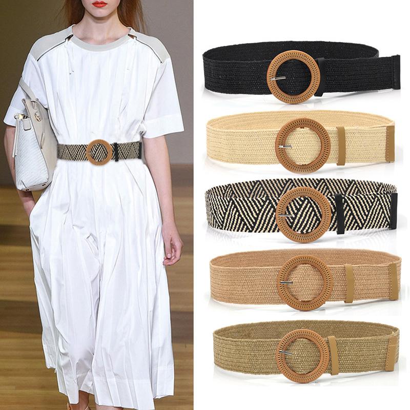 

Belts Vintage Boho Braided Waist Belt Women Fashion Designer Round Wooden Smooth Buckle Fake Straw Waistband For Lady Jeans Dress, Black