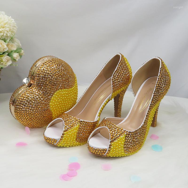 

Dress Shoes BaoYaFang Gold Women Wedding With Bags Bride High Heels Platform Ladies Party Heart Purse Day Clutches Pumps, 10cm shoe and bag