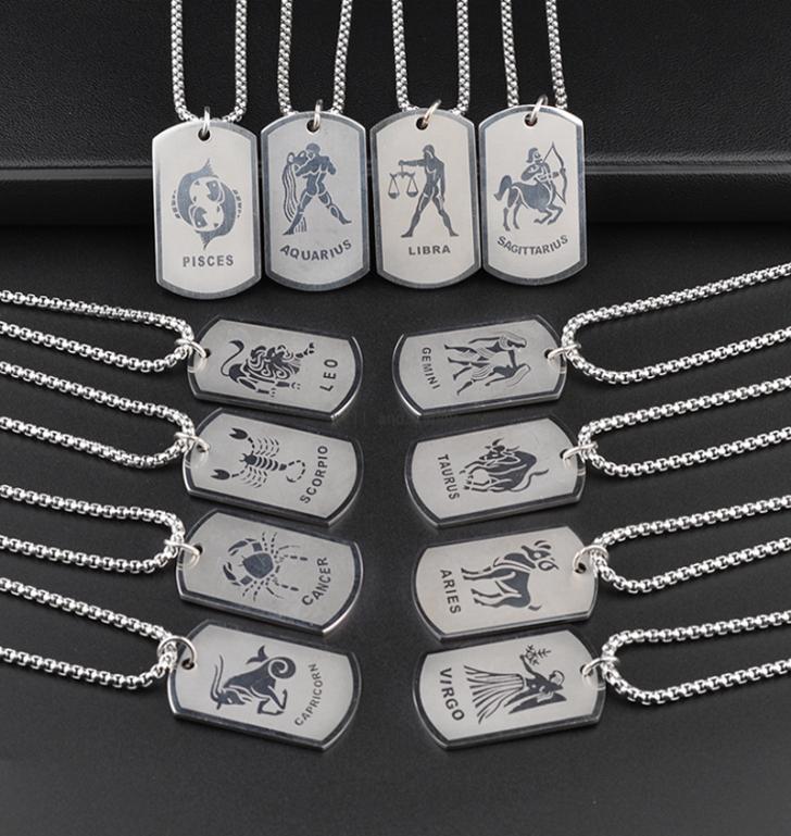 

Men Hip Hop Stainless Steel 12 Zodiac Sign Necklace dog tags Pendants Charm Star Sign Choker Astrology Necklaces fashion jewelry w6633639