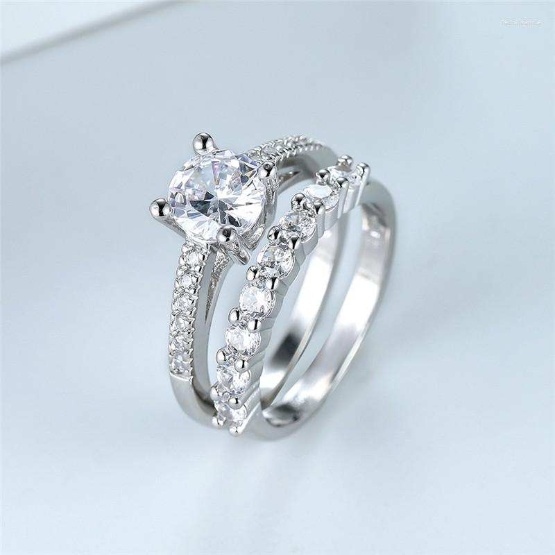 

Wedding Rings White Zircon Round Stone Ring Set Female Luxury Crystal Engagement Vintage Silver Color Bridal Sets For Women