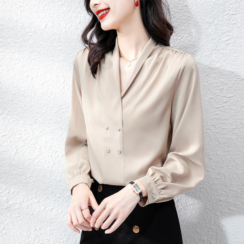 

Women's Blouses Spring Style Design Sense Minority Shirt Versatile Double Breasted Pullover, Beige