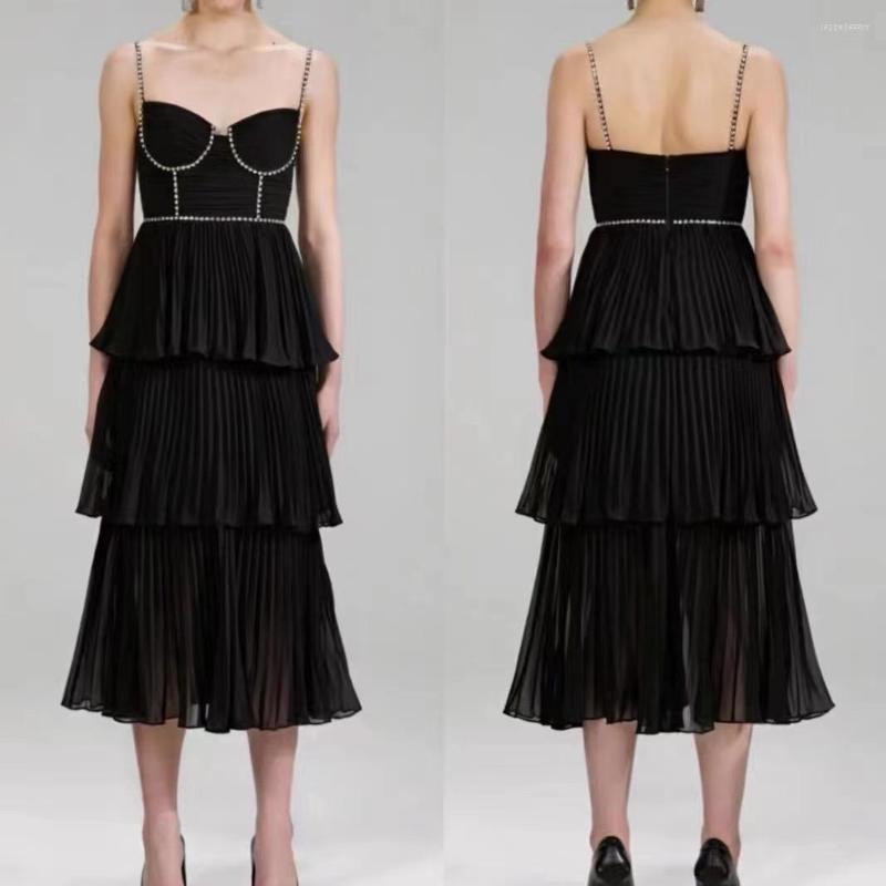 

Casual Dresses Women Multi-layer Midi Strapless Dress Diamond Beaded Decoration Folded Black Event