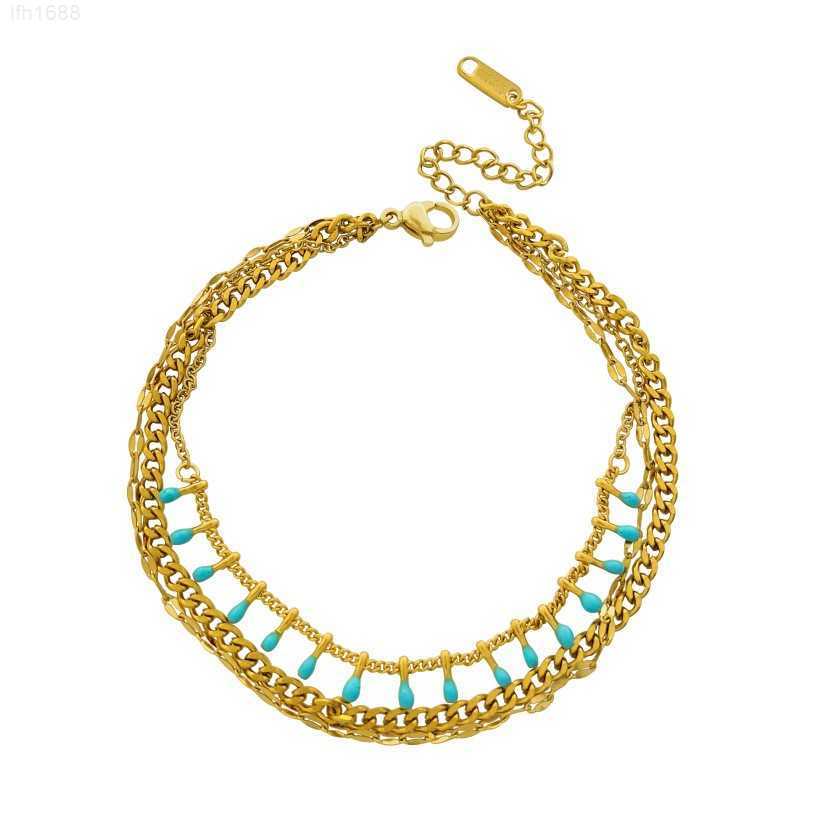 

2023 New Beach Stainless Steel Beaded Cuban Link Rope Chain Anklet Set 18k Gold Plated Rhinestone Bracelet Anklet
