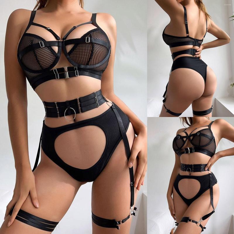 

Garters Women's Fun Underwear Lace Black Garter Belt Steel Ring Three Piece Body Shaping Split Sexy Stockings Lingerie