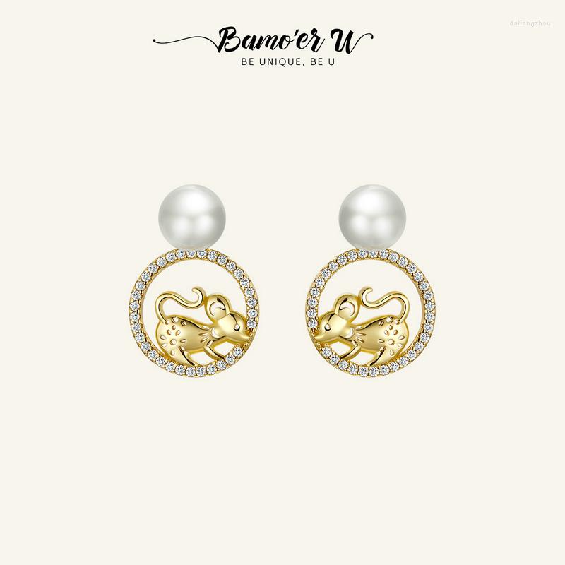 

Stud Earrings BAMOER U 925 Sterling Silver Lucky Mouse Pearl Plated In Gold Fashion Ear Hoop Jewelry