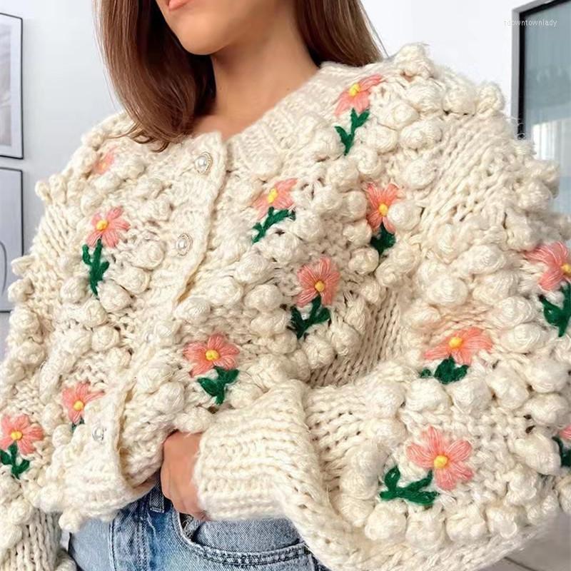 

Women' Knits 2023 Women Autumn And Winter Flower Crochet Retro Loose Knit Cardigan Jacket Sweater, White