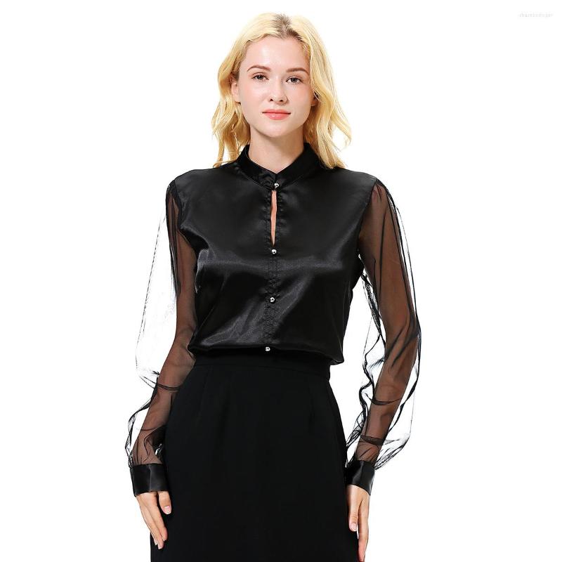 

Women's Blouses Stylish Shiny Shirts And Mesh Long Sleeve Tops Stand Collar Shirt Clothes For Women Elegant Youth Woman Top