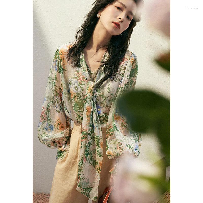 

Women's Blouses Spring Printing Lacing Chiffon Shirt Tops Ladies Long Sleeve Loose Pleated Blouse Temperament Elegant Women Clothing, Mixed color