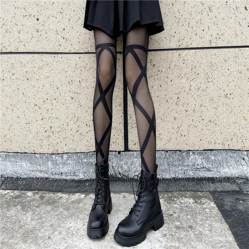 

Women Socks Spice Girls Wear Black Pantyhose With Feminine Cross Strap Spring JK White Silk Instagram Fashion, T189-02