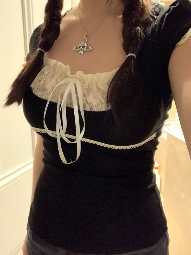 

Women's TShirt Y2k Lace Trim Crop Top Bow Cute Sweet Square Neck Tee Short Sleeve Harajuku Casual T Shirt Women Prepply Retro Korean Summer 230512, Black