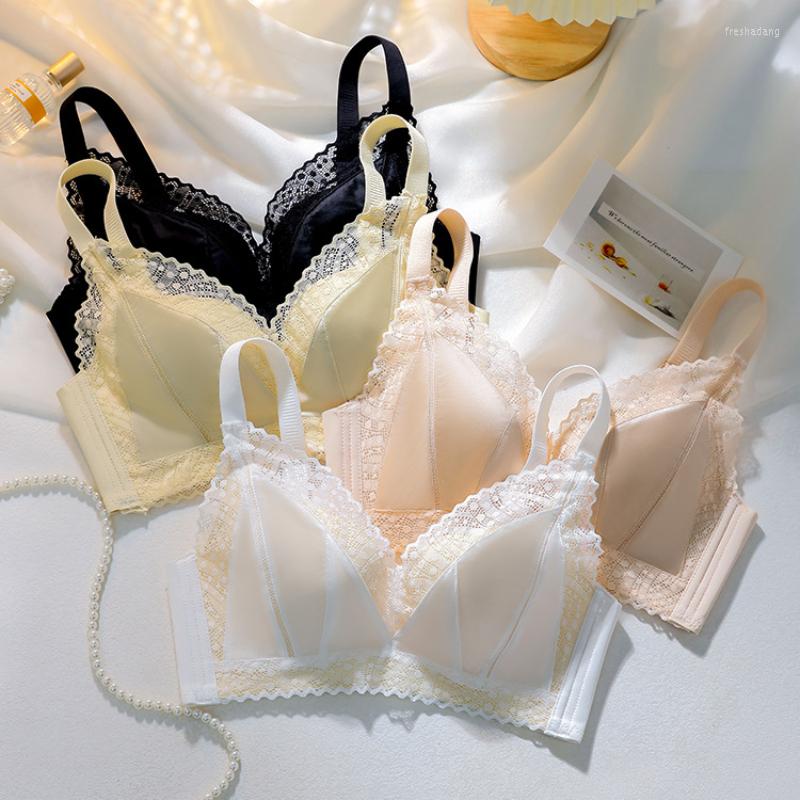 

Bras Women Lace Bralette Full Cup Minimizer Bra Adjustment Gathered Push Up Underwear Wireless Thin Breathable Brassiere Lingerie, Beige