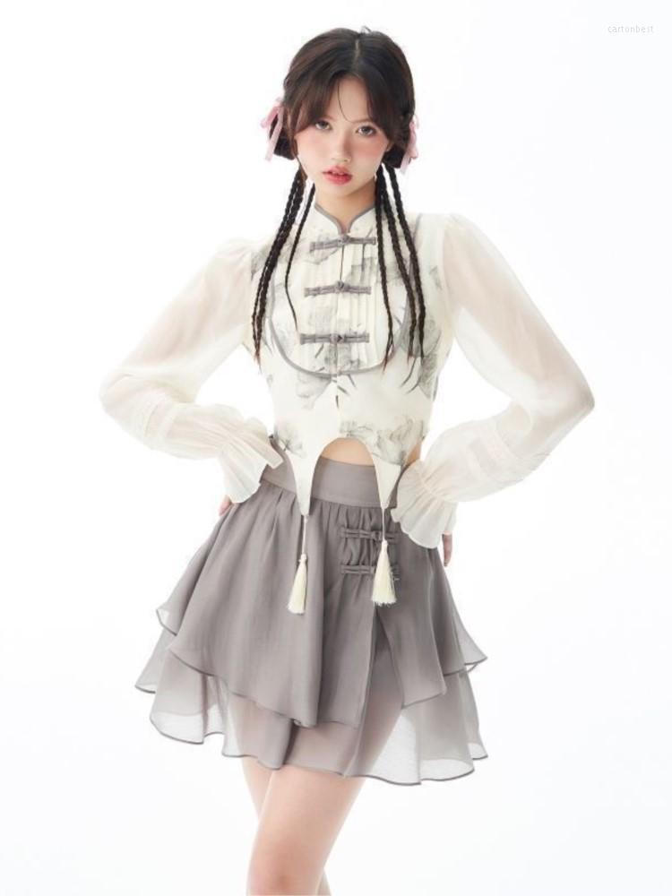 

Work Dresses 2023 Chinese Style Summer Women Suits Vintage Print Long Sleeve Blouse High Waist Ruffles Mini Skirts 2 Pieces Sets Qipao, Picture shown