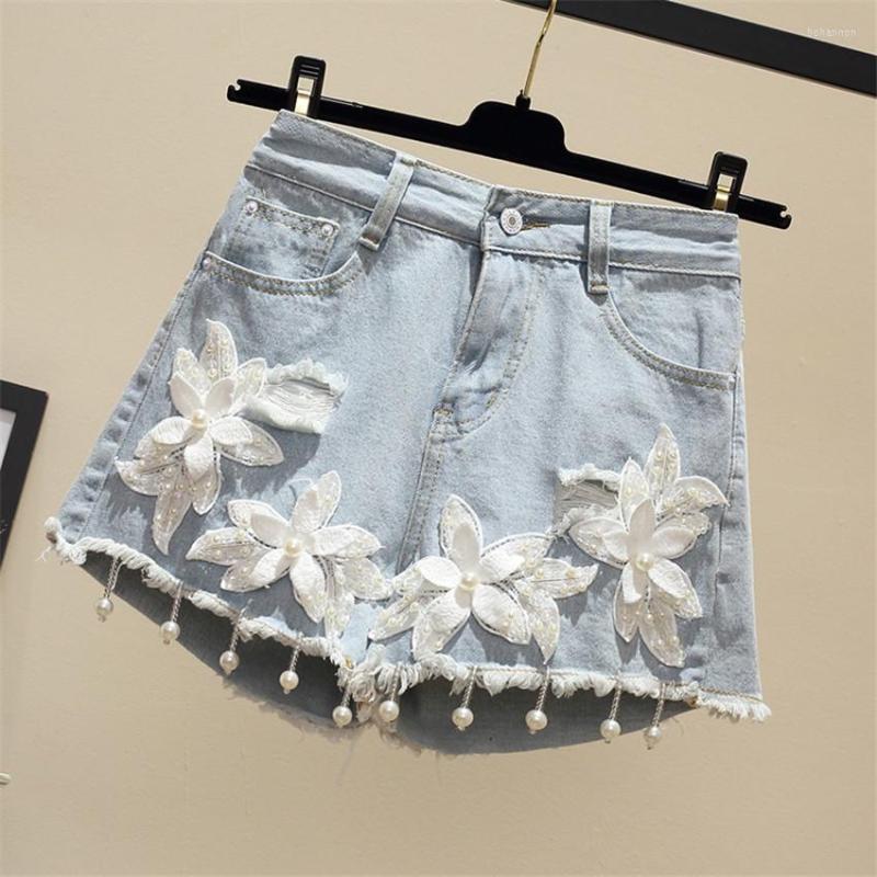 

Women' Shorts Gowyimmes 2023 Summer Loose Hole Jeans Women High Waist Embroidery Big Size -5XL Denim Streetwear 297, Sky blue