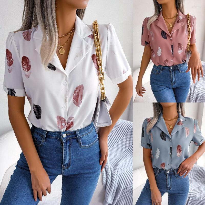 

Women' Blouses Summer European And American Temperament Suit Collar Feather Loose Women' Short Sleeve Shirt, Pink