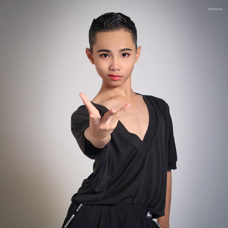 

Stage Wear Bat Sleeve Deep V-Neck Shirts Kids Latin Dance Clothes For Boys Loose Practice Ballroom Chacha DN9702, Brown