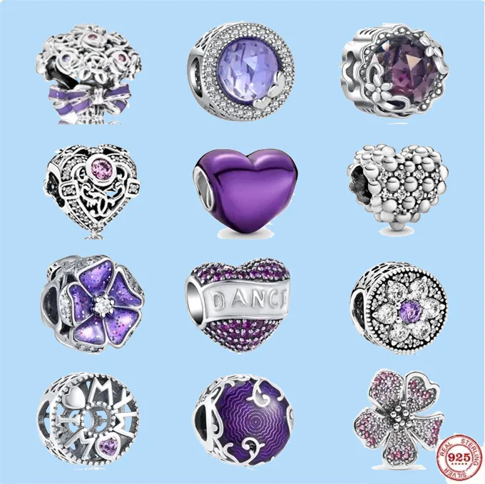 

925 sterling silver charms for pandora jewelry beads Dangle Charm Dream Purple Beads Love Heart Flowers Pendant