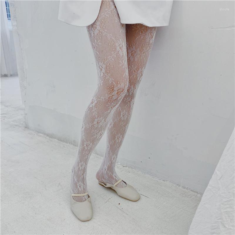

Women Socks Lolita Lace Stockings Sexy Fishnet Flower Pantyhose Thin Nylon Female Transparent High Tights Dress, White