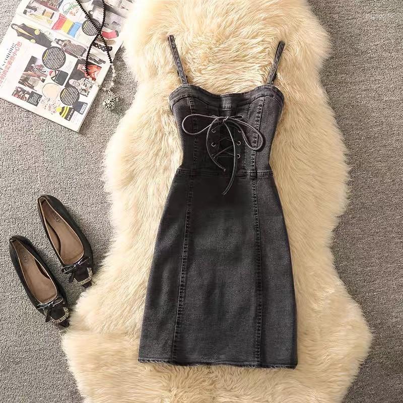 

Casual Dresses Vintage Denim Slim Waist Sling Dress For Women Spring Summer Short Bandage Sleeveless Sexy Backless Tank Female 2023, Black dress