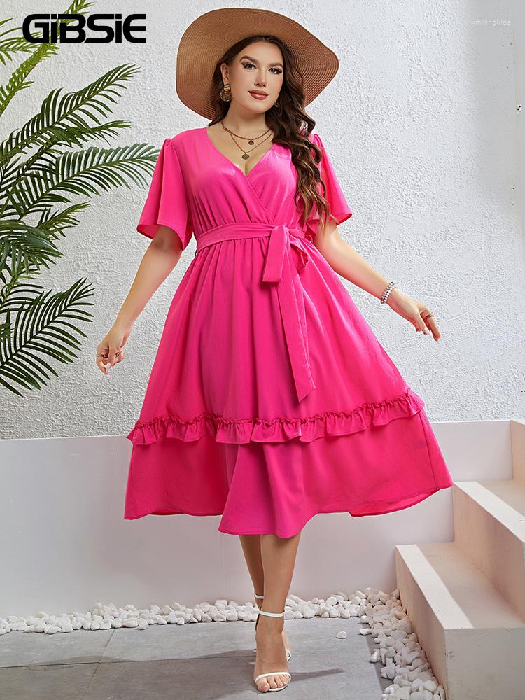 

Plus Size Dresses GIBSIE Surplice Neck Frill Trim Belted Dress Women 2023 Summer Vacation Casual Sweet A-line Solid Long, Fuchsia