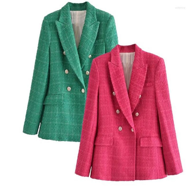 

Women' Suits Women Jacket Autumn Fashion Double Breasted Tweed Check Blazer Coat Vintage Long Sleeve Pockets Female Outerwear Chic