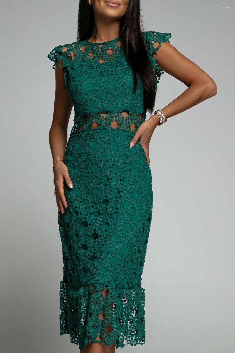 

Party Dresses Green Flutter Sleeves Lace Lined Ruffled Midi Dress For Women