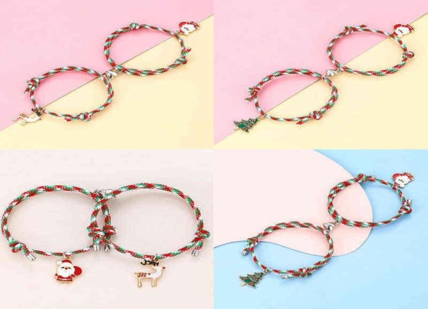 

2pcsset Couple Magnet Bracelet with Christmas Santa Claus Attraction Rope Pendant Bangles Lovers Jewelry4125009