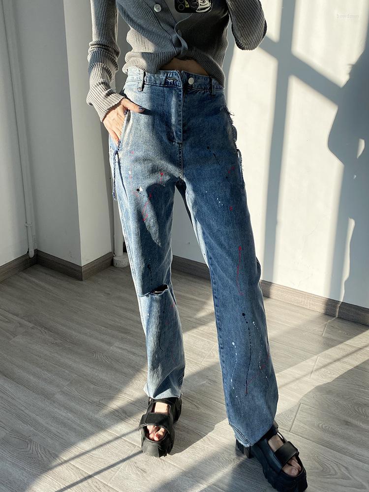 

Women' Jeans Women High Waist Hole Early Autumn Splash Painted Fashion Lady Long Denim Zipper Pants