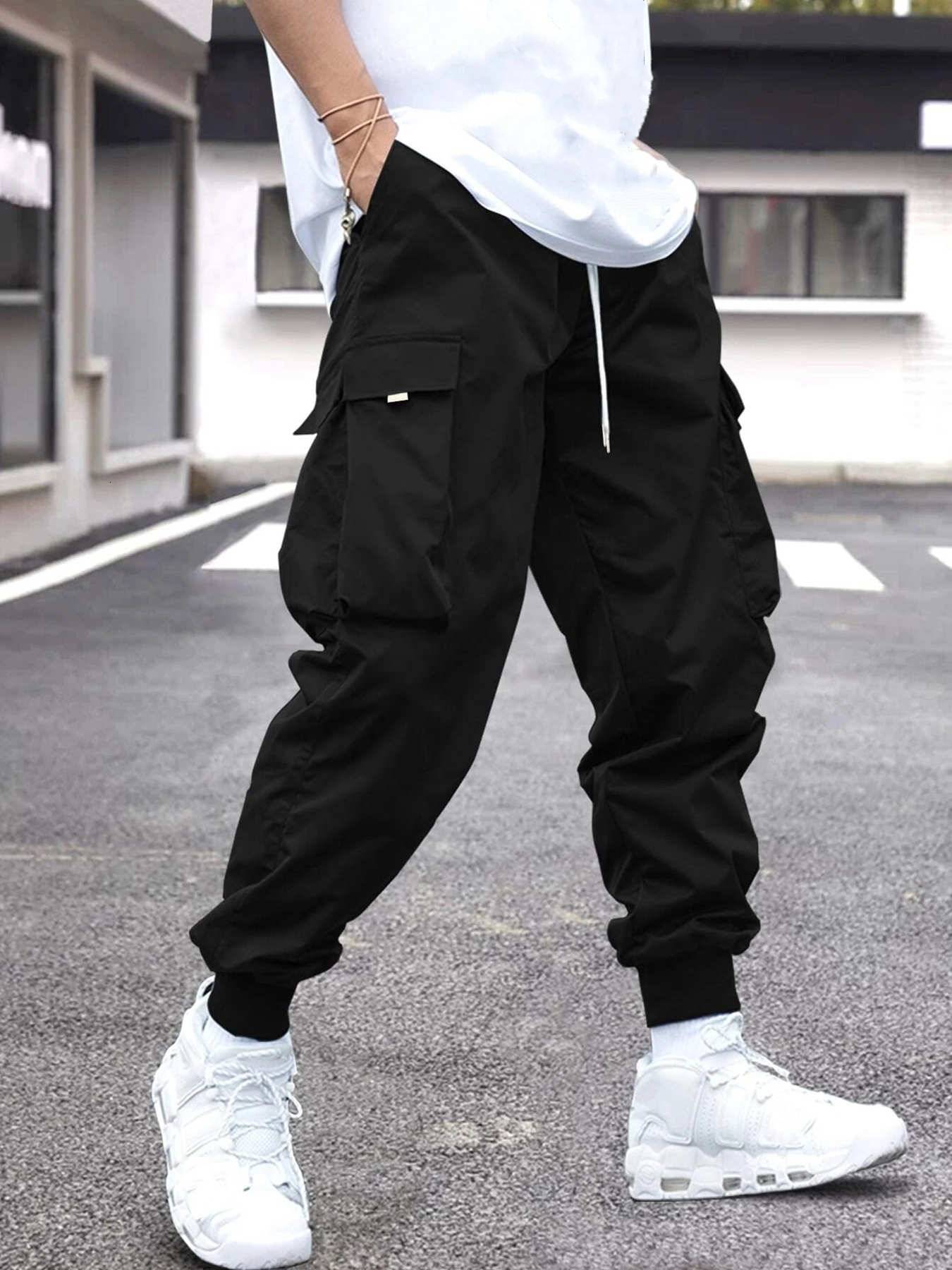 

Men's Pants Men Flap Pocket Side Drawstring Waist Cargo Pants 230512, Black