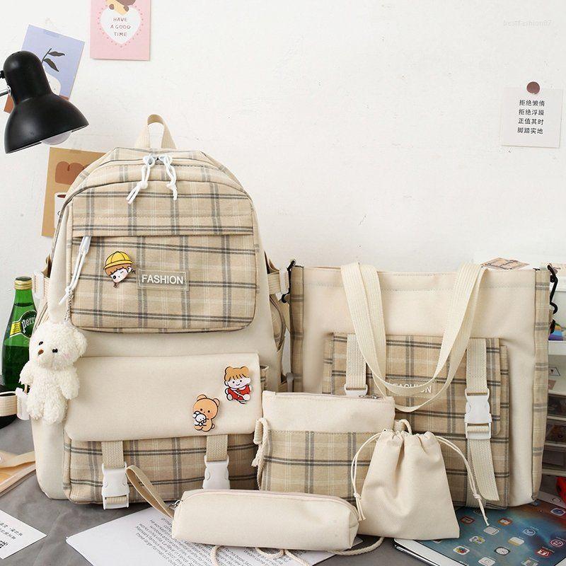 

School Bags Backpack Japanese Cute Plaid Primary Schoolbag Women's Korean Version Trend Five Piece Set, Beige