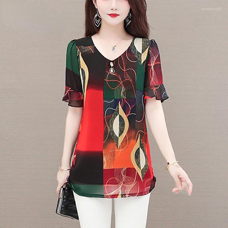 

Women's Blouses Casual Vintage Printing Chiffon Shirt Summer 2023 V Neck Short Sleeve Loose Oversized Pullovers Blouse Women's Clothing, Green
