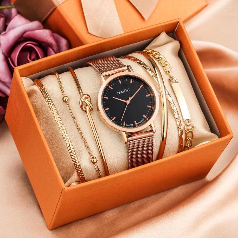 

Wristwatches 6PCS Luxury Watch For Women Minimalist Quartz Wrist Bracelet Gift Set Girlfriend Black Dail Clock Relogio Feminino, Watch gift set 03