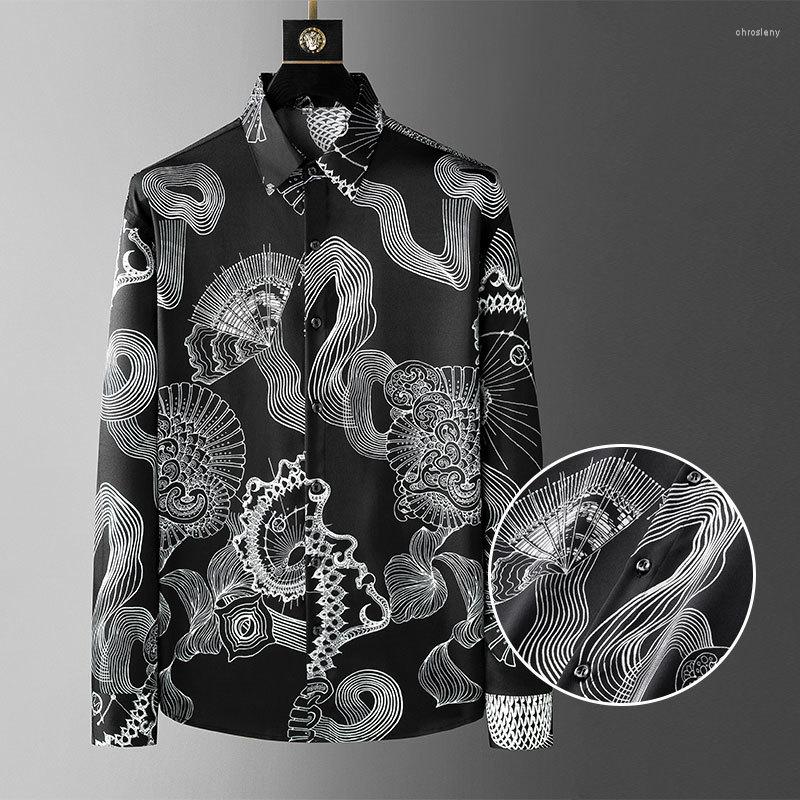 

Men's Casual Shirts Abstract Art Contrast Print Shirt Men Long Mouw Camisa Hombre Streetwear Social Club Party Dress, 40 black