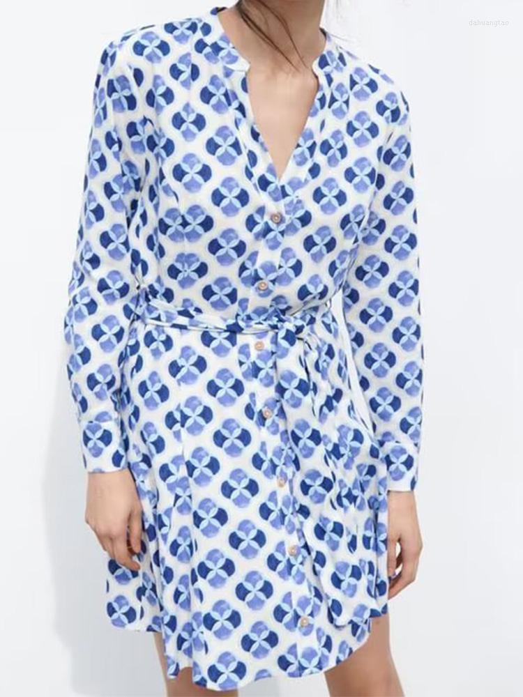 

Casual Dresses 2023 Women Summer Mini Shirts Dress Fashion Print Single Breasted Belt Bow Linum Female Sweet Elegant Clothing