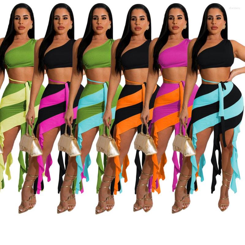 

Work Dresses Sexy Striped Tassel Skirt Sets 2 Piece Summer Beach Wear Women Bandage One Shoulder Backless Top And Bud Skirts Fashion, Orange-rosered