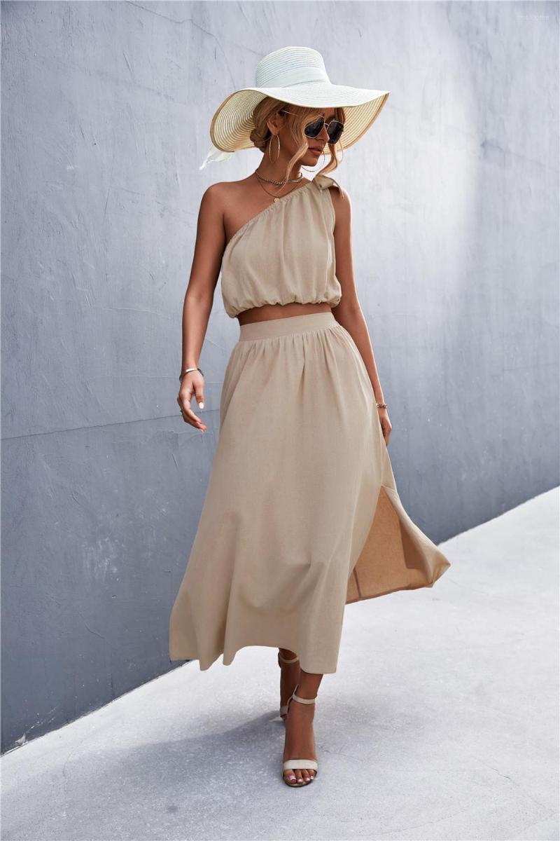 

Work Dresses 2023 Spring And Summer Sexy Oblique Shoulder Lace-up Vest Slit Midi Skirt Two Piece Sets Women, Apricot