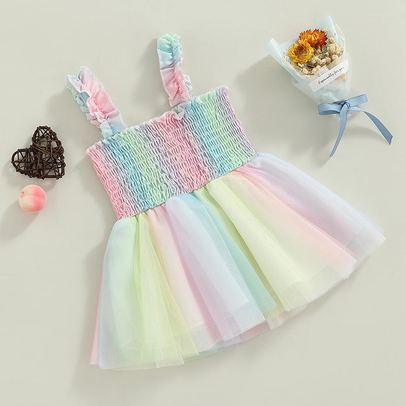 

Girl Dresses 2023 Summer Girls Rainbow Princess Dress Sleeveless Pleated Layered Party Baby Suspender Sundress, Beige