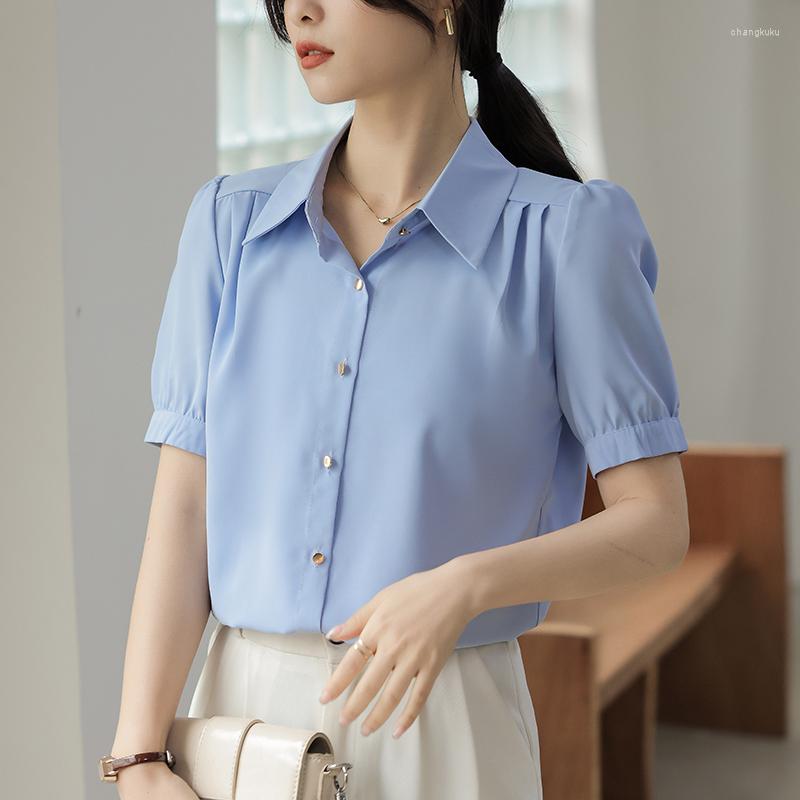 

Women's Blouses Solid Color Office Lady Chiffon Shirts Bottoming Spring Summer Short Sleeve Womans Blouse Elegant Tops Blusa Mujer, Blue