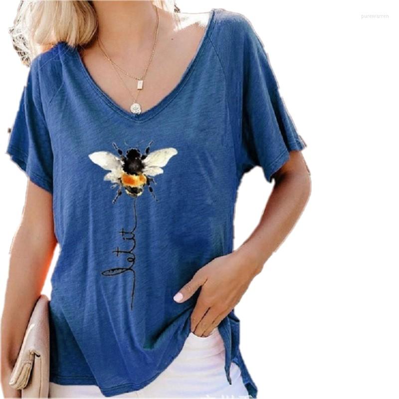 

Women's T Shirts Fashion 2023 Boutique Summer Solid Color V-neck Print Ladies Loose Short Sleeve T-Shirt, Blue