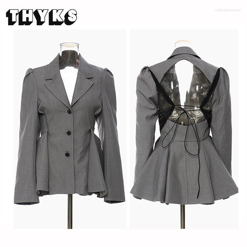 

Women' Suits Street Style Long Sleeve Single Breasted V-neck Women Suit Ruffled Open Back Slim Fit Coat Fashion Commute Grey Blazer, Gray