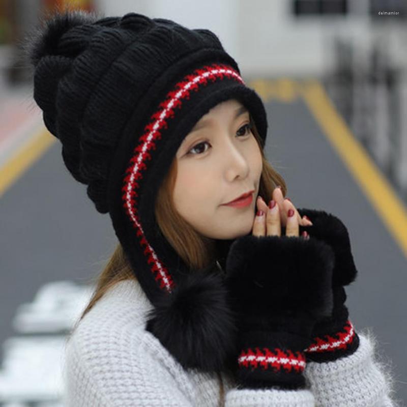 

Berets Non-shrink 2Pcs/Set Beautiful Cold Winter Women Hat Mittens Kit Washable Woolen Yarn Gloves Large Pompoms For Outdoor, White
