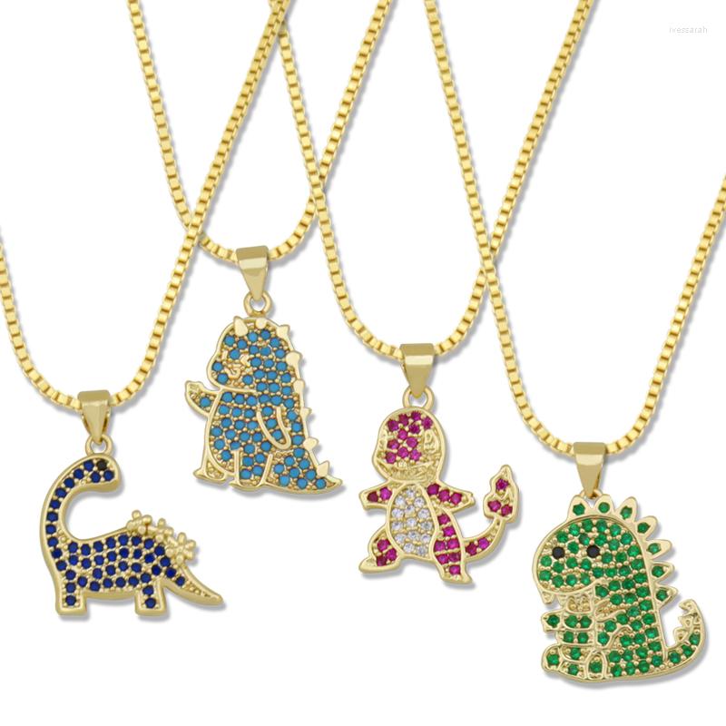 

Chains Sensory T-Rex Dinosaur Necklace For Children Colorful Anime Accesorios Gold Color CZ Fully Iced Out Cartoon Animal Pendant Gifts