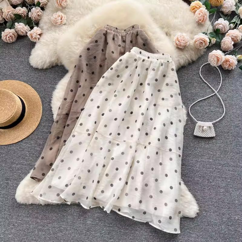 

Skirts Spring French Vintage Polka Dot Skirt Women's Gentle Wind Mid-length Sen Fairy Umbrella A-line, Khaki