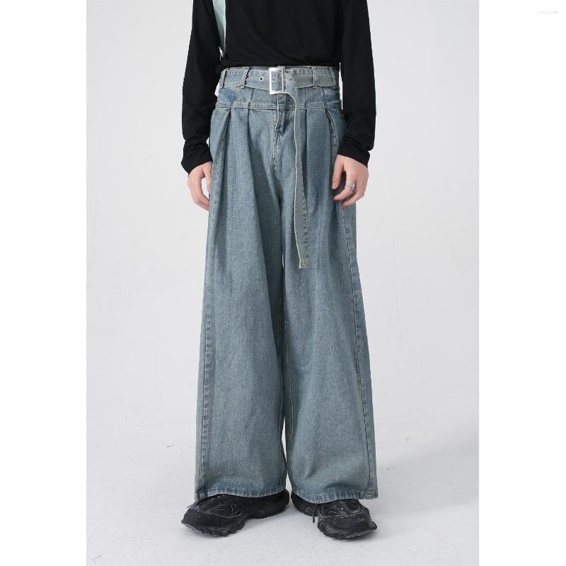 

Men' Jeans Retro Vintag Blue Washed Cargo Pants Y2k Lace Up High Street Fashion Male Wide Leg