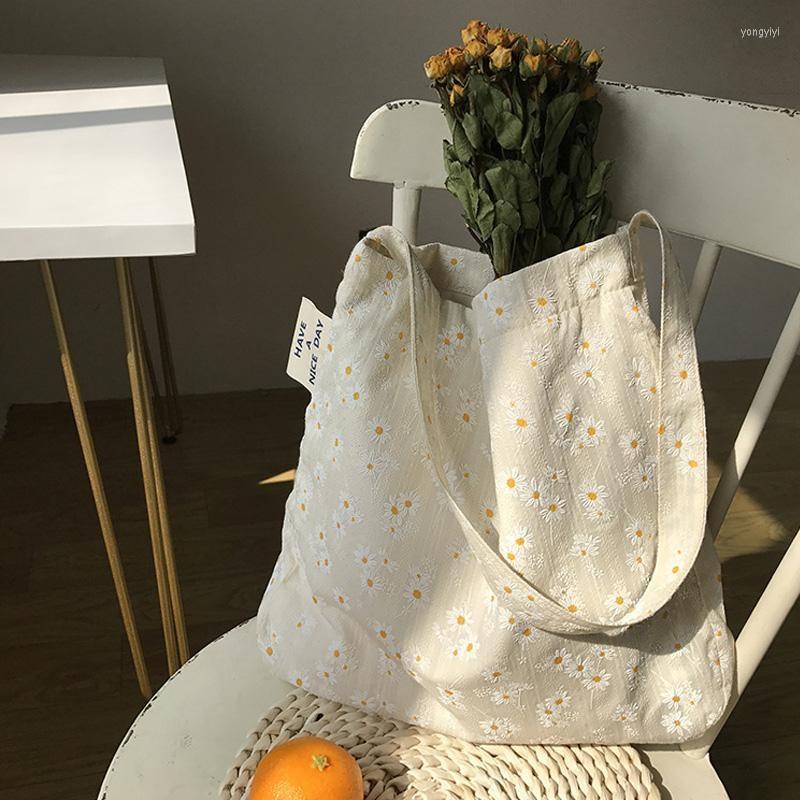 

Evening Bags Women Canvas Shoulder Embossed Daisy Design Ladies Floral Handbag Casual Tote Literary Books Bag Shopping For Girls, Rice white
