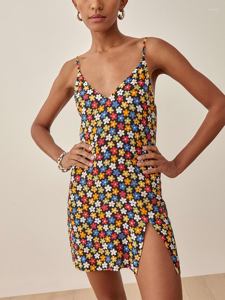 

Casual Dresses Floral Print Summer Dress Spaghetti Strap Chiffon Mini Women V Neck Sleeveless Front Slit Hem Sexy Slip Sundress, Black