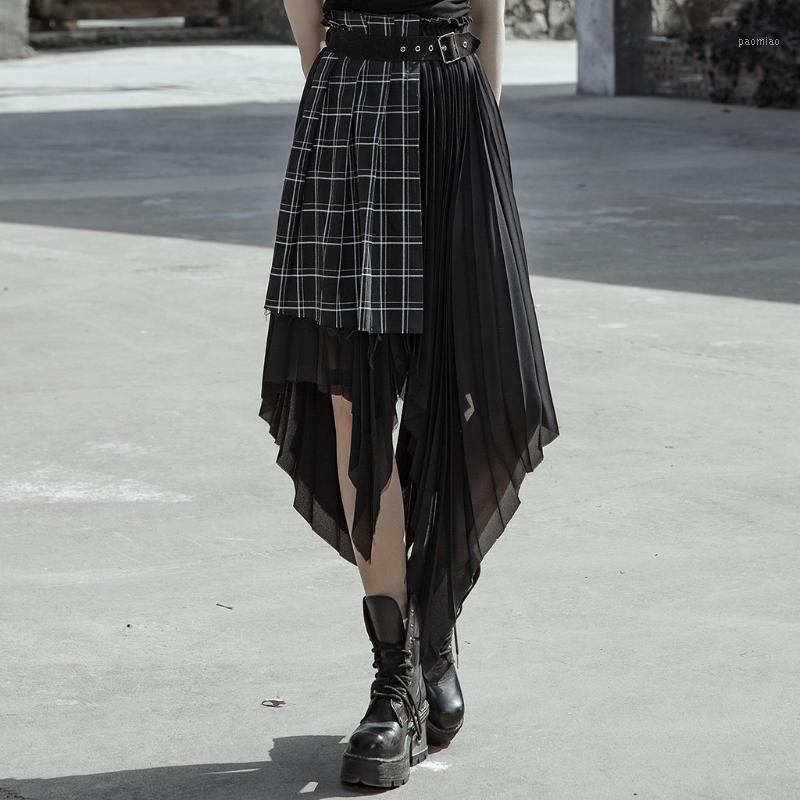 

Skirts PUNK RAVE Women's Dark Stitched Fake Two Pieces Plaid Skirt Chiffon Asymmetric Hem High Waist Daily Long, Black